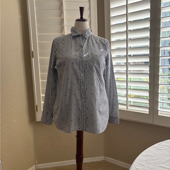 Old Navy Classic Collared LS Shirt Gray White Striped w/ Heart Pattern Women’s L - Picture 2 of 13